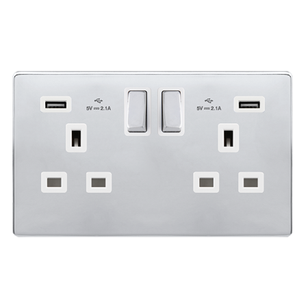 13a Ingot 2 Gang Switched Socket With 2.1a Usb Outlets - Polished Chrome Cover Plate - Polar White Insert
