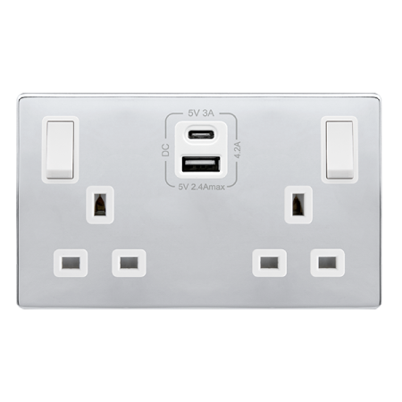 13a Ingot 2 Gang Switched Safety Shutter Socket With Type A & C Usb - Polished Chrome Cover Plate - Polar White  Insert