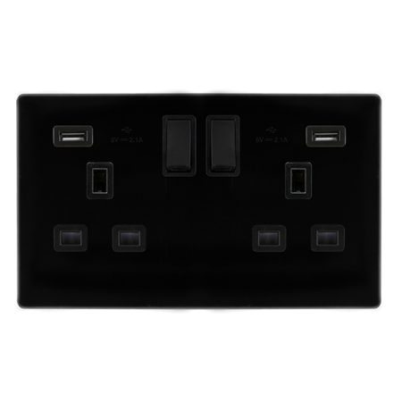 13a Ingot 2 Gang Switched Socket With 2.1a Usb Outlets - Metal Black Cover Plate - Black Insert