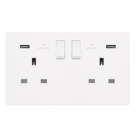 13a Ingot 2 Gang Switched Socket With 2.1a Usb Outlets - Metal White Cover Plate - Polar White Insert