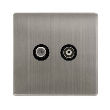 Non-isolated Satellite & Non-isolated Coaxial Outlet - Stainless Steel Cover Plate - Black Insert