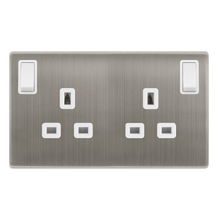 13a Ingot 2 Gang Dp Switched Safety Shutter Socket With Outboard Rockers- Stainless Steel Cover Plate - Polar White Insert
