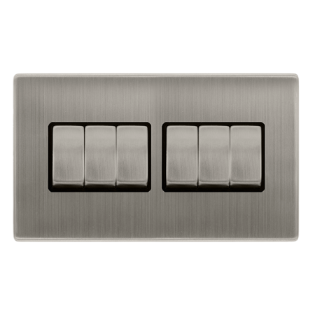 10ax Ingot 6 Gang 2 Way Switch - Stainless Steel Cover Plate - Black Insert