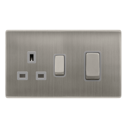 50a Ingot Double Pole Switch With 13a Double Pole Switched Socket -  Stainless Steel Cover Plate - Grey Insert