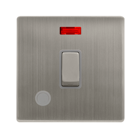 20a Ingot Double Pole Switch With Neon & Flex Outlet - Stainless Steel Cover Plate - Grey Insert