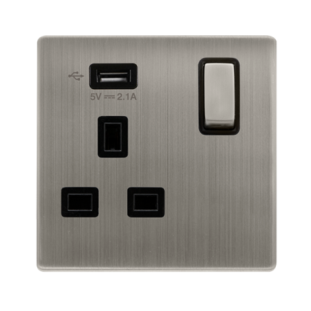 Click Definity Screwless 13A Ingot 1 Gang Switched Socket with 2.1A USB | SFSS571UBK