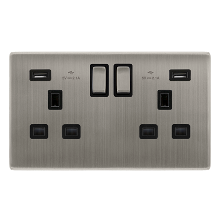 Click Definity Screwless 13A Ingot 2 Gang Switched Socket with 2.1A USB Outlets | SFSS580BK