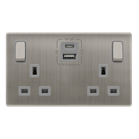 Click Definity Screwless 13A Ingot 2 Gang Switched Safety Shutter Socket With Type A & C USB | SFSS586GY