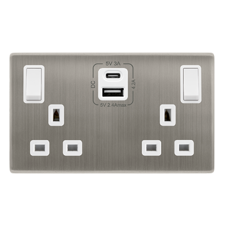Click Definity Screwless 13A Ingot 2 Gang Switched Safety Shutter Socket with Type A & C USB | SFSS586PW