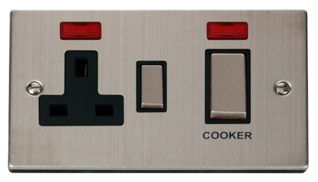 Click Deco Stainless Steel  50a Dp Cooker Switch & 13a Socket - Neon Black Insert | Vpss505bk