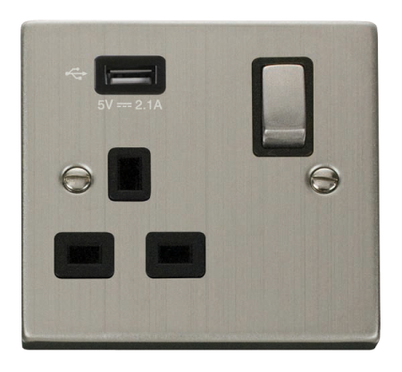 Click Deco Stainless Steel Single 13A Socket & 2.1A USB Port Black Insert | VPSS571UBK