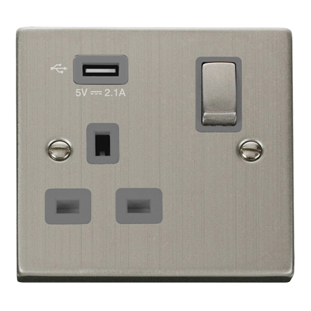 Click Deco Stainless Steel Single 13A Socket & 2.1A USB Port Grey Insert | VPSS571UGY