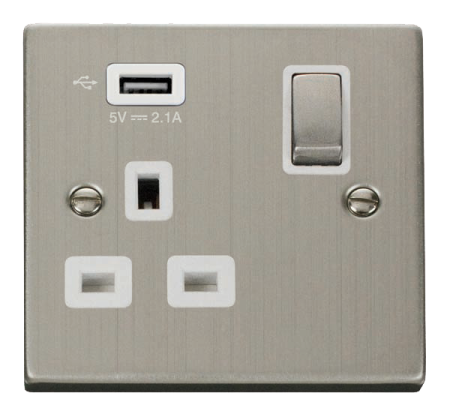 Click Deco Stainless Steel Single 13A Socket & 2.1A USB Port White Insert | VPSS571UWH