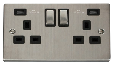 Click Deco Stainless Steel Double 13A Socket & Twin 2.1A USB Port Black Insert | VPSS580BK
