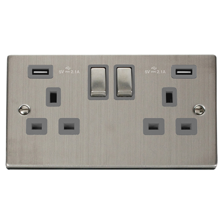 Click Deco Stainless Steel Double 13A Socket & Twin 2.1A USB Port Grey Insert | VPSS580GY