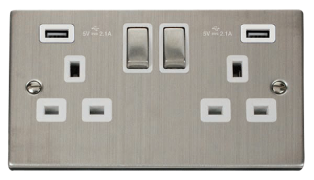 Click Deco Stainless Steel Double 13A Socket & Twin 2.1A USB Port White Insert | VPSS580WH