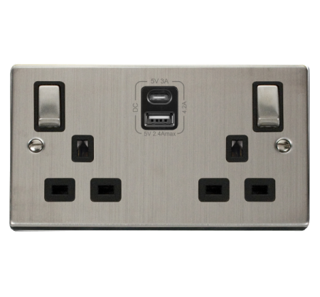 Click Deco Stainless Steel Double 13A Socket C/W USB A & C Ports Black Insert | VPSS586BK