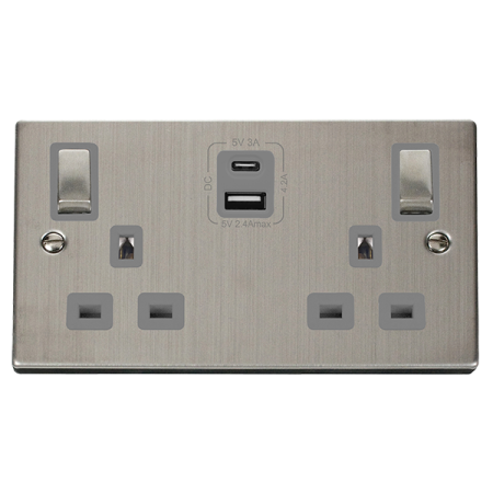 Click Deco Stainless Steel Double 13A Socket C/W USB A & C Ports Grey Insert | VPSS586GY