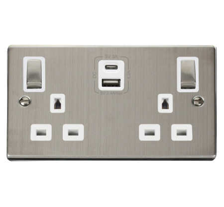 Click Deco Stainless Steel Double 13A Socket C/W USB A & C Ports White Insert | VPSS586WH
