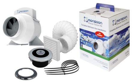 Monsoon Turbo Mixed Flow 100mm Inline Bathroom Shower Fan Kit | UMDTK