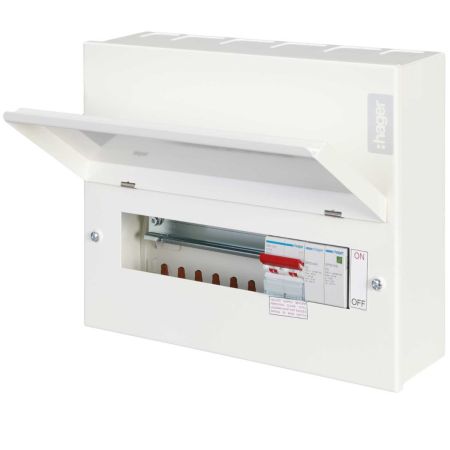 Hager 8 Way Main Switch Consumer Unit + Surge Protection Round Knockouts | VML108SPDRK