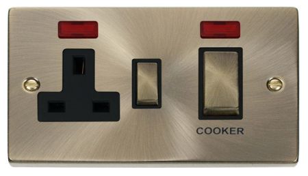 Click Deco Antique Brass 45A DP Cooker Switch & Socket + Neon | VPAB505BK