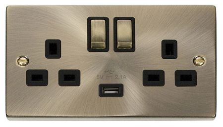 Click Deco Antique Brass USB Double Switched Socket | VPAB570BK
