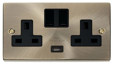 Click Deco Antique Brass USB Double Switched Socket | VPAB770BK