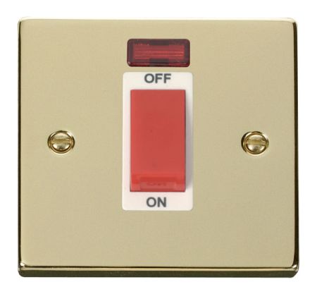 Click Deco Polished Brass 45a DP Single Cooker Switch & Neon White Insert VPBR201WH