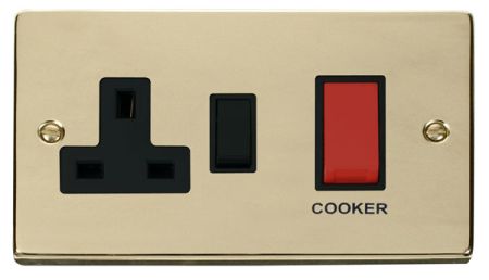 Click Deco Polished Brass 45a DP Cooker Switch & Socket Black Insert VPBR204BK