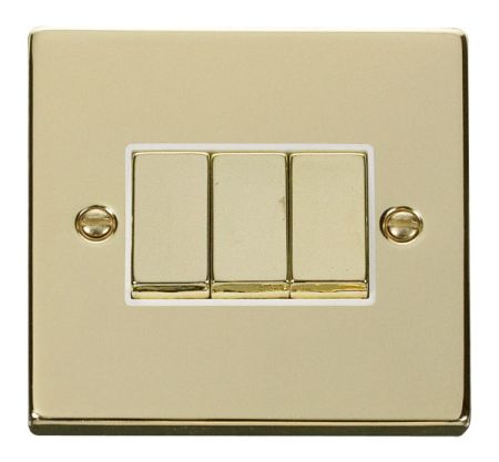Click Deco Ingot Polished Brass 3 Gang Light Switch White Insert VPBR413WH