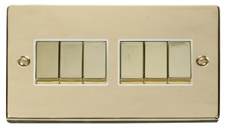 Click Deco Ingot Polished Brass 6 Gang Light Switch White Insert VPBR416WH