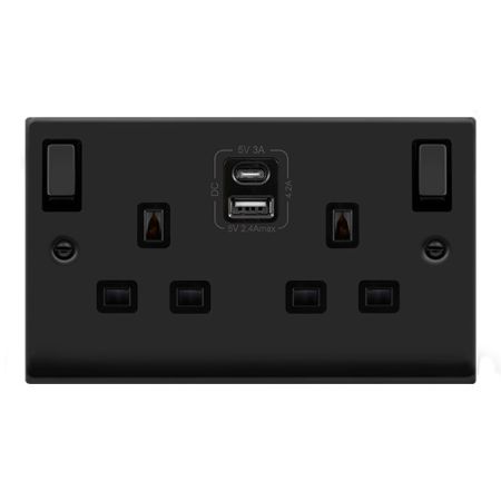 Click Deco Matt Black 2G 13A Switched Socket & TYPE A & C USB | VPMB586BK