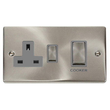Click Deco Satin Chrome Ingot  45a DP Cooker Switch & Socket Grey Insert | VPSC504GY