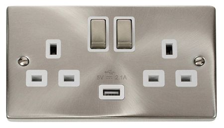Click Deco Ingot Satin Chrome 13a Double Socket With USB White Insert VPSC570WH