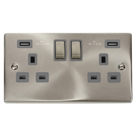 Click Deco Ingot Satin Chrome 2G 13A Switched Socket & Twin USB Grey Insert | VPSC580GY