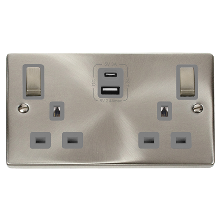 Click Deco Ingot Satin Chrome 2G 13A Switched Socket & TYPE A & C USB Grey Inset | VPSC586GY