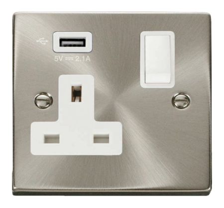 Click Deco 13A Satin Chrome Single Socket with USB White Insert VPSC771WH