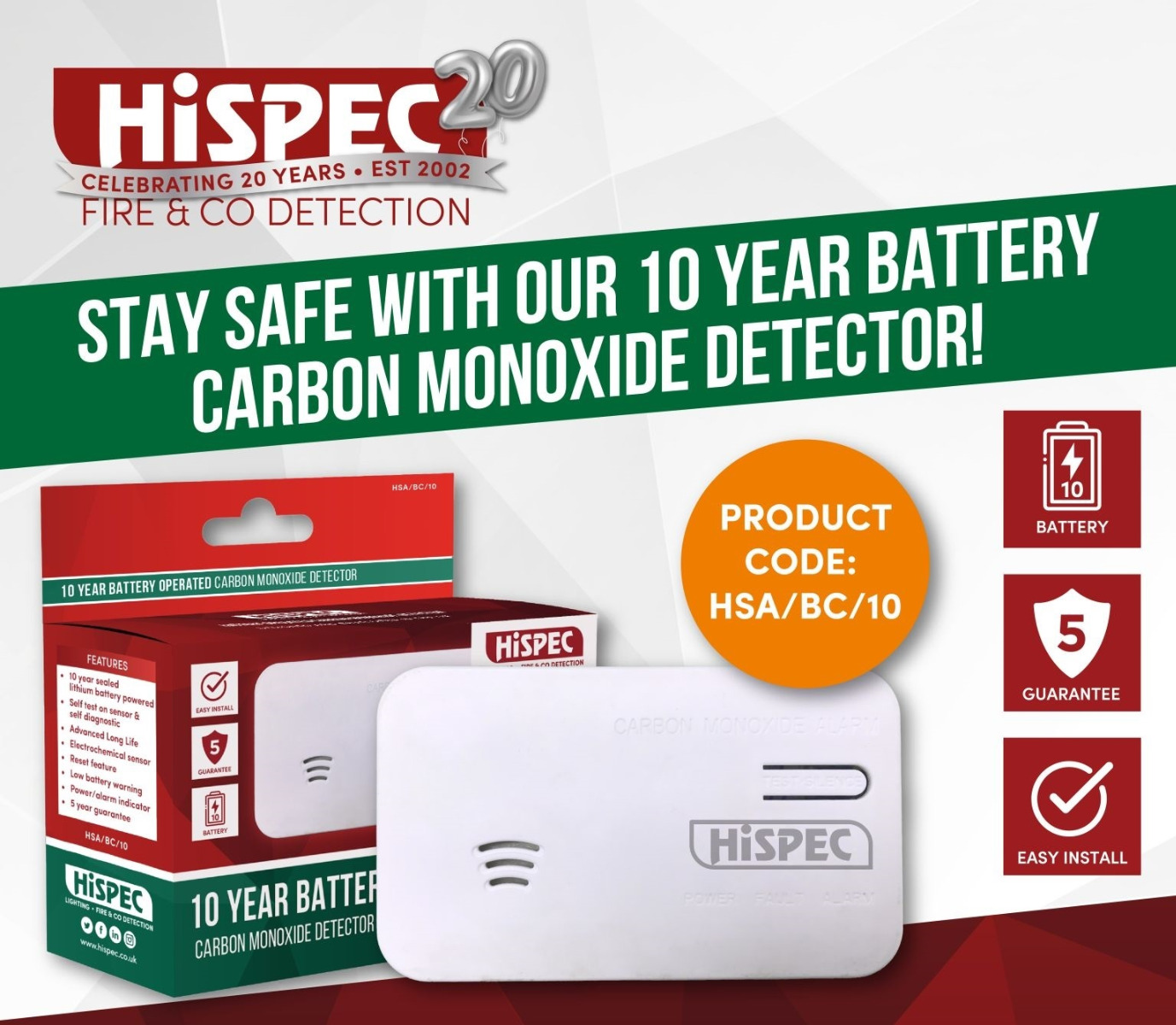 Hispec Battery 10-year Lithium Battery Carbon Monoxide Detector | HSA/BC/10