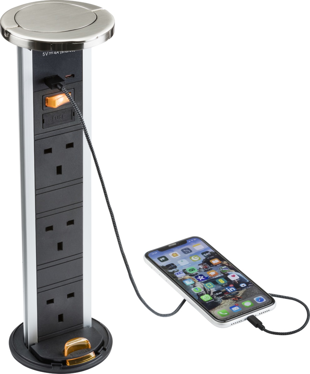 Knightsbridge IP54 3G pop-up socket with dual USB charger A+C (FASTCHARGE) Chrome| SK9909PC
