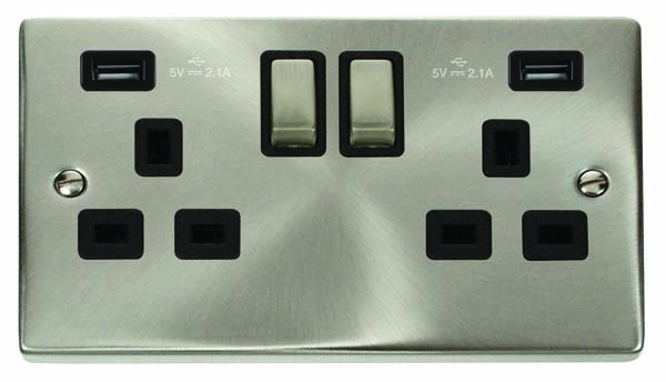 Click Deco Satin Chrome Twin USB Double Switched Socket VPSC780BK