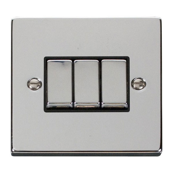 3 Gang Grid Switch Polished Chrome with Black Switches 